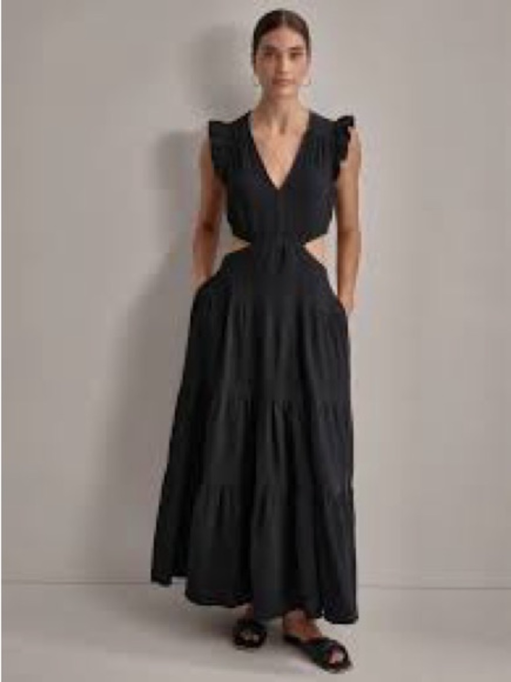 NWT DKNY Jeans Women's Linen-Blend Tiered V-Neck Cutout Dress Black Sz S